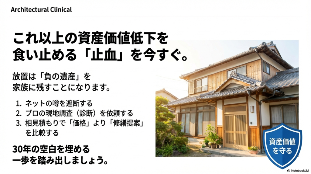 ネットの噂を遮断し、プロの診断を依頼し、相見積もりで修繕提案を比較するという、家を守るための具体的な行動ステップ