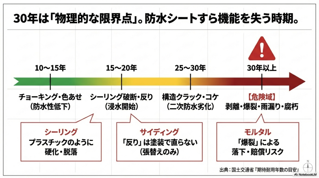 築10年から30年以上の外壁劣化推移グラフ。シーリング破断、サイディングの反り、構造クラック、雨漏り、腐朽などの危険域を示す図