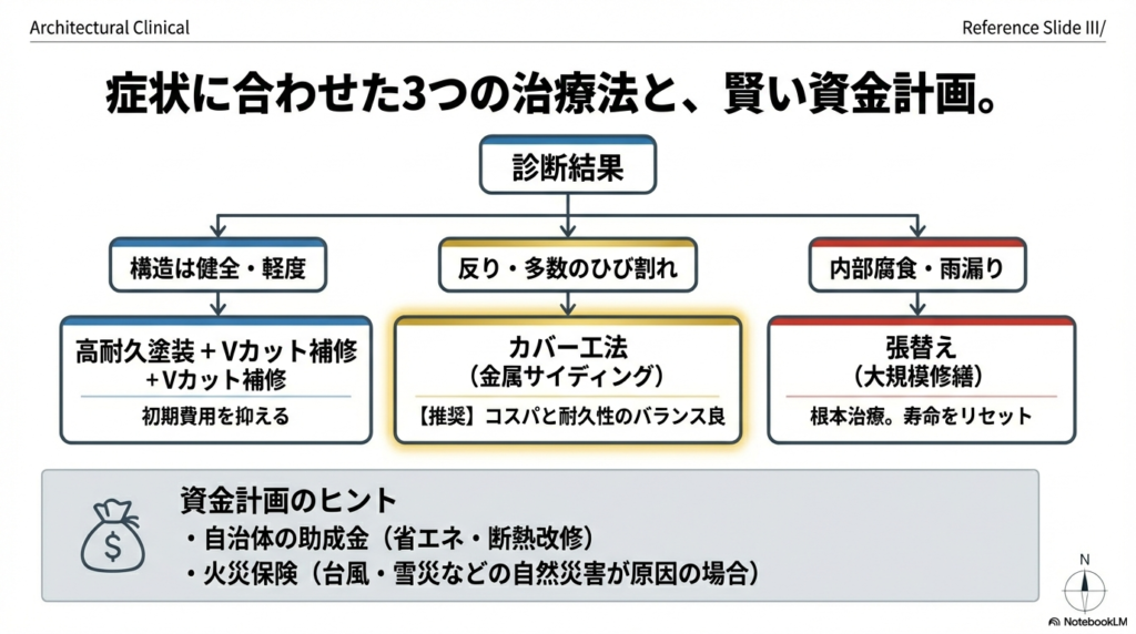 構造の健全度に応じた塗装・カバー工法・張り替えの選択基準と、助成金・火災保険活用のヒントをまとめた比較表
