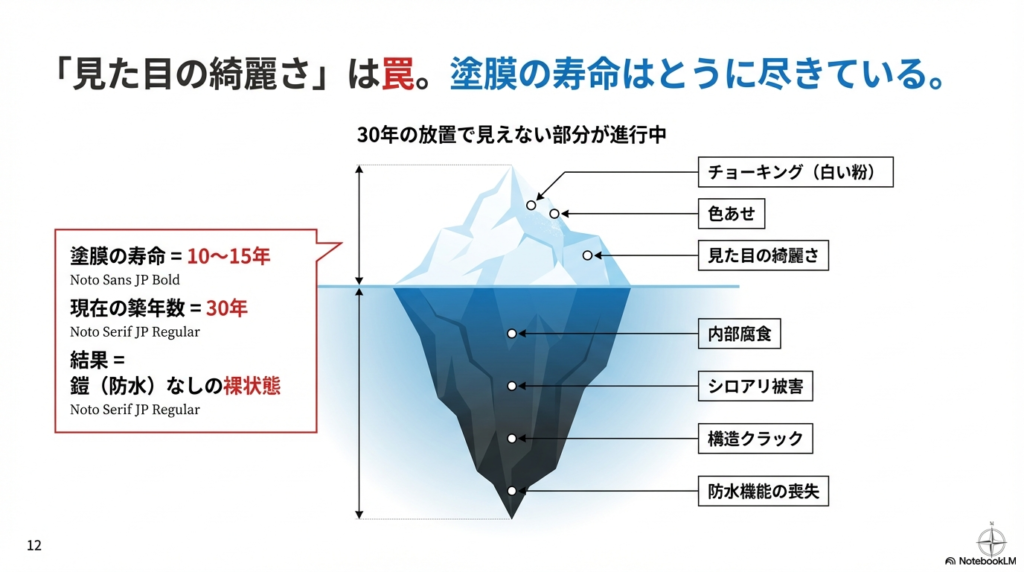 30年放置した外壁の劣化を氷山に例えた図解。水面上は見た目の綺麗さ、水面下は内部腐食やシロアリ被害など深刻なリスクを表示