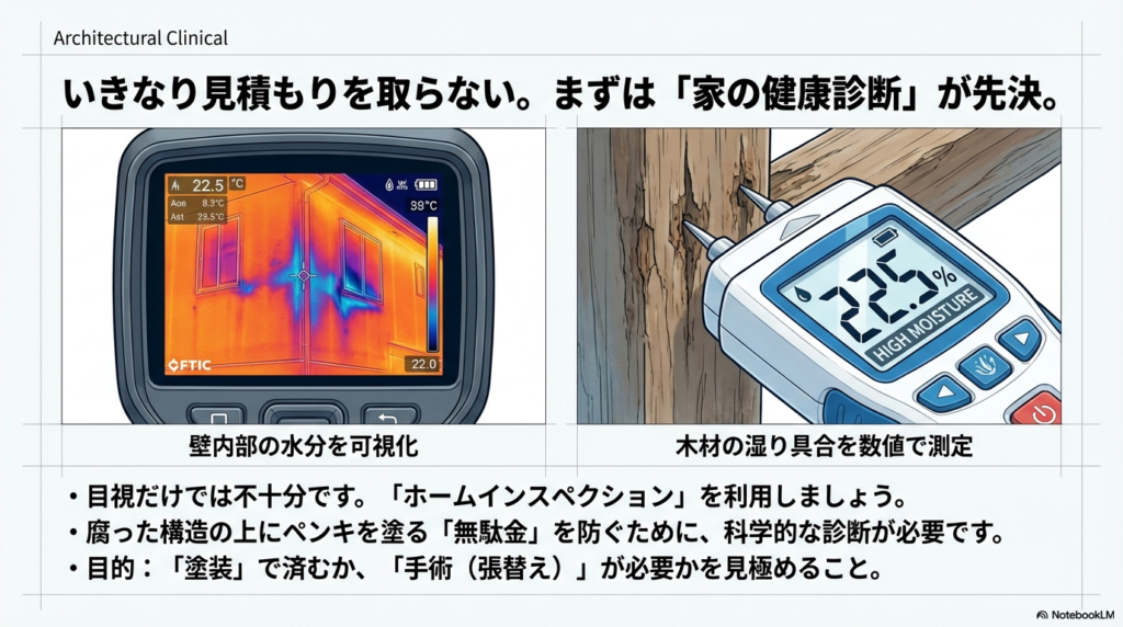 赤外線サーモグラフィで壁内部の水分を可視化し、含水率計で木材の湿り具合を測定する専門的な住宅診断の様子
