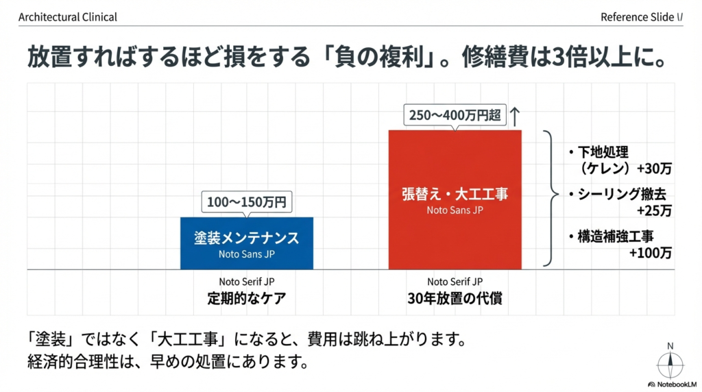 塗装メンテナンスの定期的なケア費用と、30年放置後の大規模な張替え・構造補修工事費用の差を示す比較棒グラフ