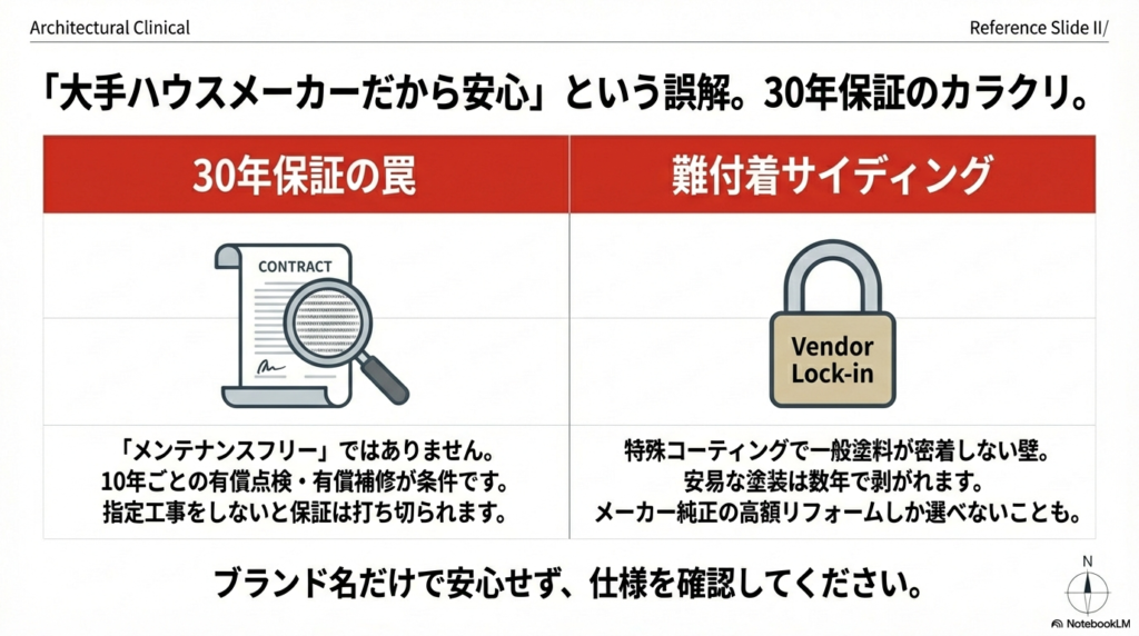 大手ハウスメーカーの30年保証の適用条件や、特殊コーティングによるメーカー純正工事の縛りを説明するイメージ図