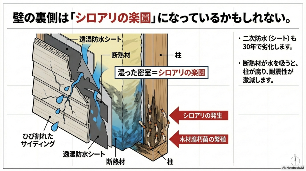 ひび割れたサイディングから雨水が侵入し、断熱材を湿らせ、柱を腐らせてシロアリが発生している壁内部の構造イラスト