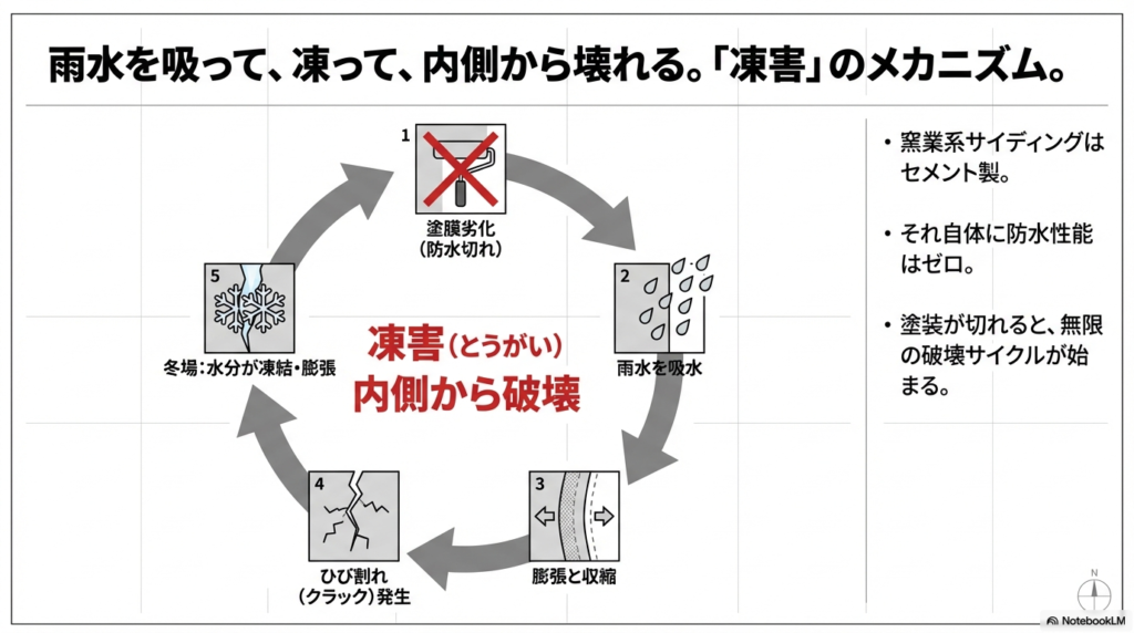 外壁塗装が切れて雨水を吸い込んだサイディングが、冬場の凍結膨張によってひび割れ、内側から破壊される凍害のサイクル図