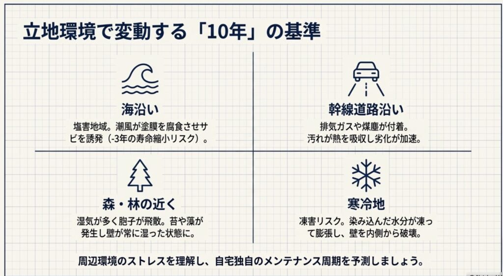 海沿いの塩害、幹線道路の排気ガス、森の湿気、寒冷地の凍害が外壁塗装の寿命に与える影響をまとめた表