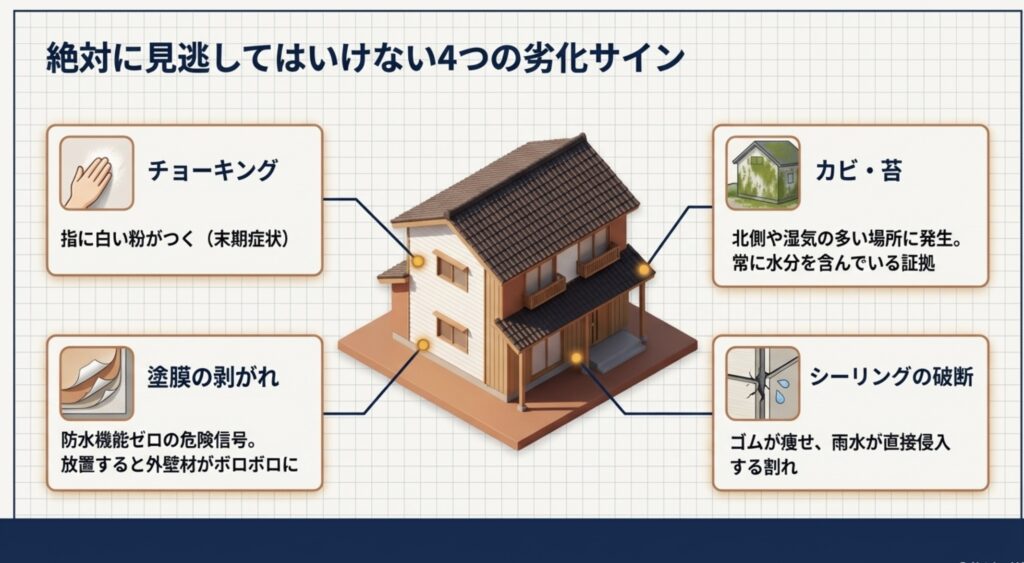チョーキング、塗膜の剥がれ、カビ・苔、シーリングの破断という4つの外壁劣化サインをまとめたイラスト。