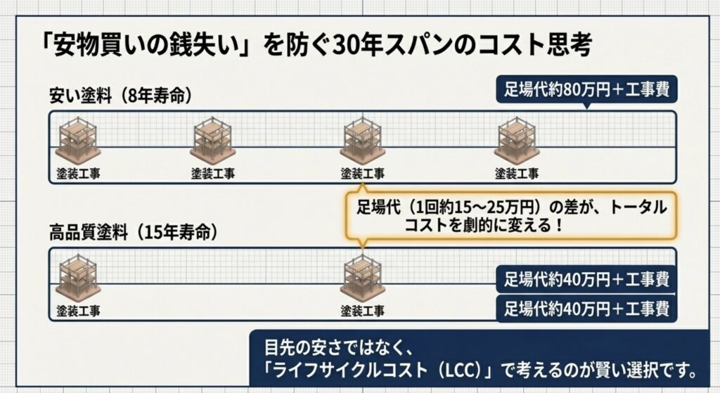 安い塗料（8年寿命）と高品質塗料（15年寿命）で、30年間に発生する足場代とトータルコストの差を比較した図。
