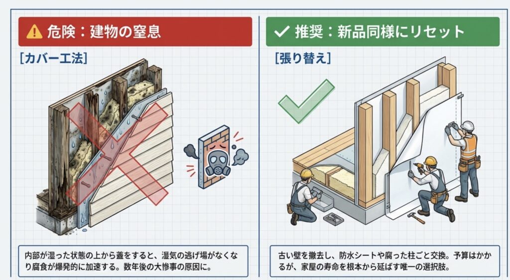湿った状態でのカバー工法が招く「建物の窒息」のリスクと、古い壁を撤去してリセットする張り替え工法の推奨理由を比較した図