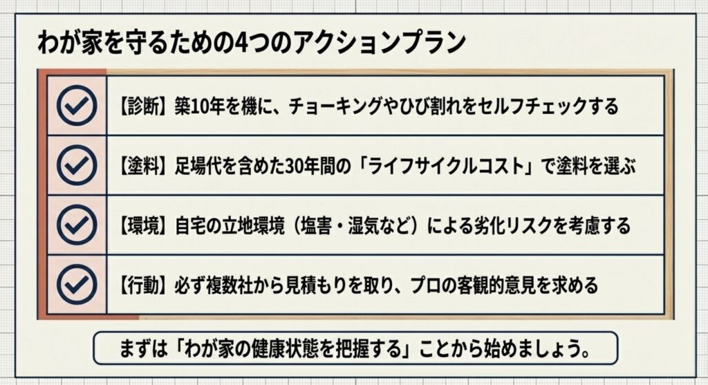 築10年の診断、LCCによる塗料選択、環境リスク考慮、複数社見積もりという4つの具体的なアクションプラン