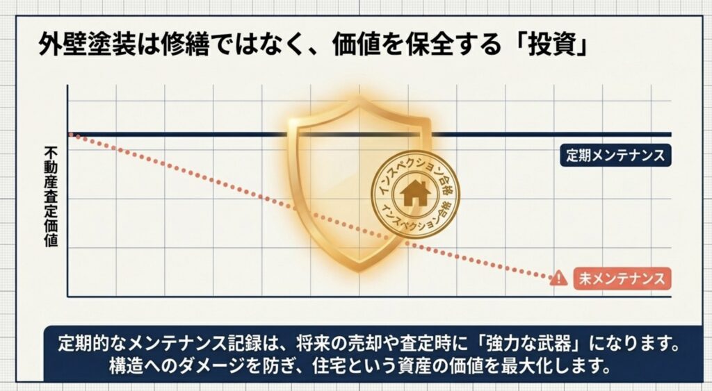 定期メンテナンスを行っている家と未メンテナンスの家で、インスペクション合格率と不動産査定価値に差が出ることを示すイメージ図
