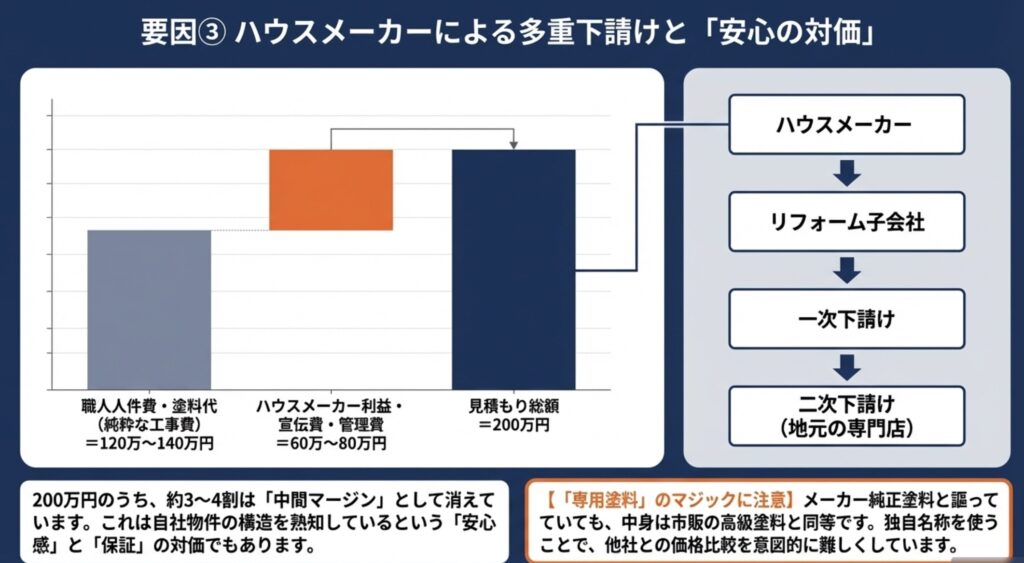200万円の見積もりのうち3〜4割が中間マージンとして消える仕組みを示す多重下請け構造の解説図