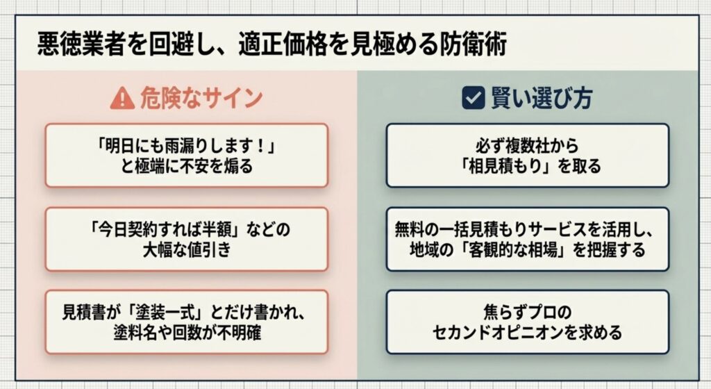 不安を煽る言動や大幅値引きなどの危険なサインと、相見積もりによる賢い業者選びのポイントをまとめた図。