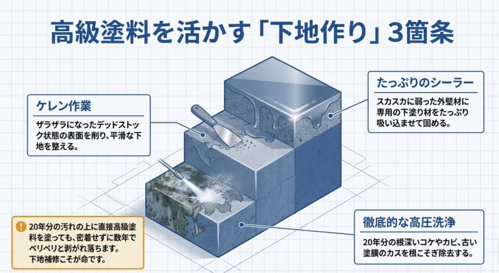徹底的な高圧洗浄、ケレン作業、そしてスカスカの外壁材に吸い込ませるたっぷりのシーラー塗布の重要性を説くスライド