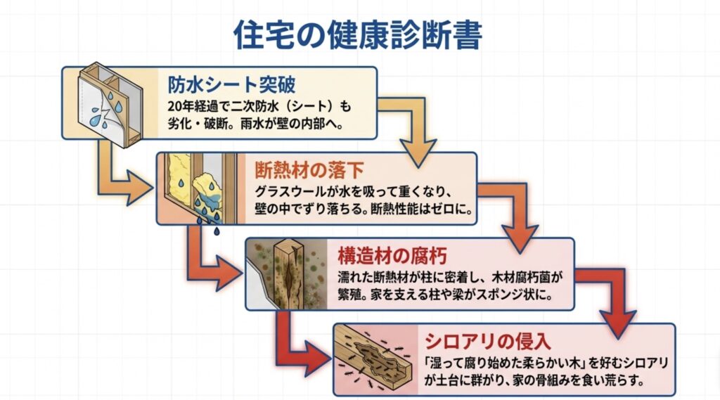 防水シートの突破、断熱材の落下、構造材の腐朽、そしてシロアリの侵入に至る住宅内部の破壊プロセスを示すフローチャート