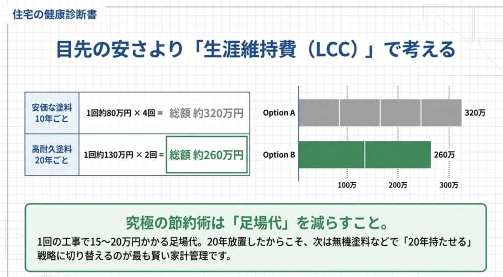 10年ごとに安価な塗料を塗るプランAと、20年ごとに高耐久塗料を選ぶプランBの生涯維持費の差を示す棒グラフ
