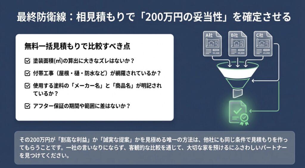 面積のズレ、付帯工事の網羅性、塗料名、保証期間などを比較して誠実な提案を見極める相見積もりの図解