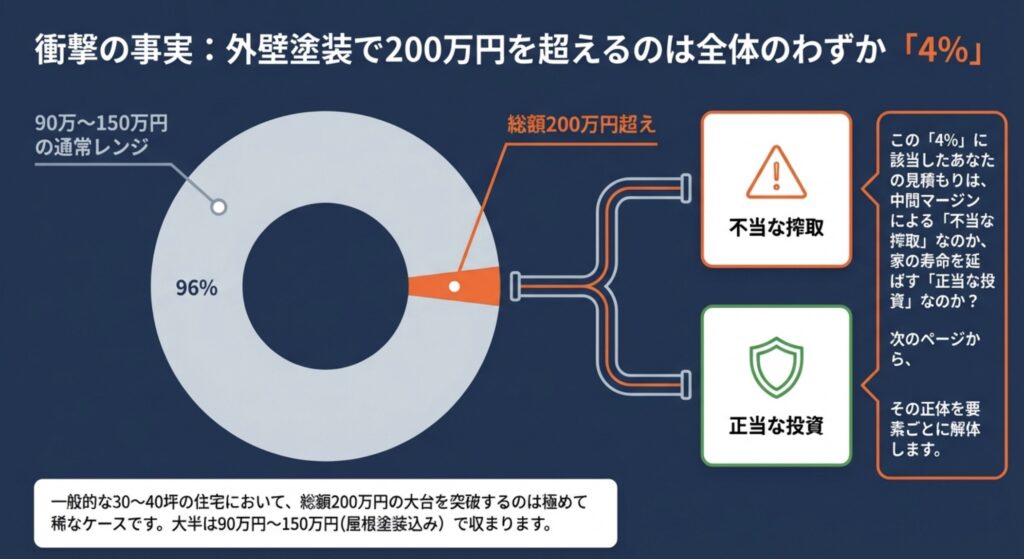 外壁塗装で200万円を超えるのは全体のわずか4%であることを示す円グラフ。大半は90万から150万円の範囲内