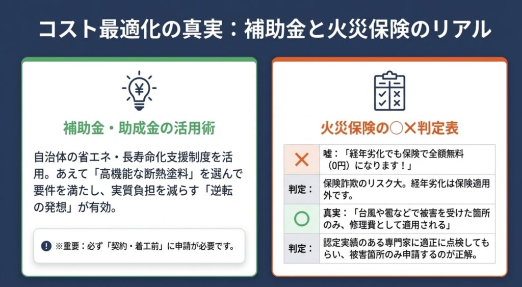 補助金申請の注意点と、火災保険の「全額無料」という嘘と「被災箇所の修理」という真実を比較した表