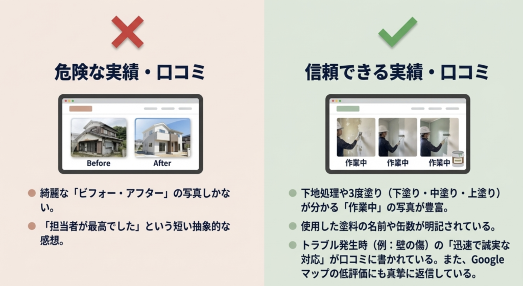 表面的なビフォーアフター写真と、下地処理などの「作業中」の写真が豊富な施工事例の比較図