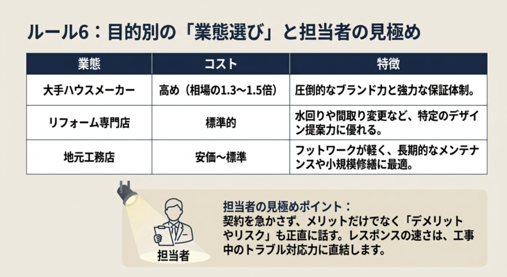 大手メーカー・専門店・工務店のコストと特徴の比較および誠実な担当者を見抜く基準