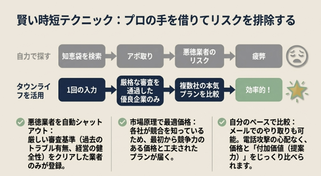 自力で探す場合と比較した、一括見積もりによる悪徳業者シャットアウトと効率化のメリット