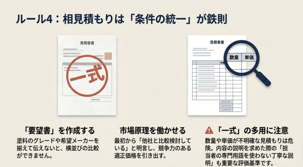 数量や単価が明記された正しい見積書と、条件を揃えるための要望書作成の重要性の解説