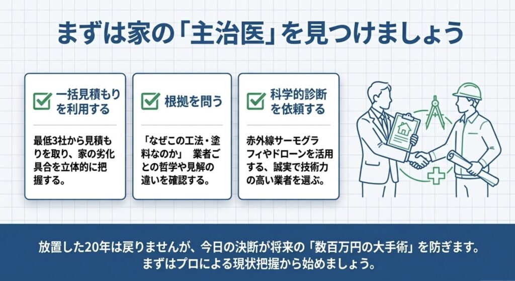 一括見積もりの利用、工法の根拠の確認、科学的診断の依頼など、技術力のある誠実な業者を選ぶための行動指針
