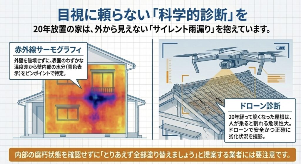 赤外線カメラで壁内部の水分を特定し、ドローンで脆くなった屋根を安全に撮影する「目視に頼らない」科学的診断の紹介