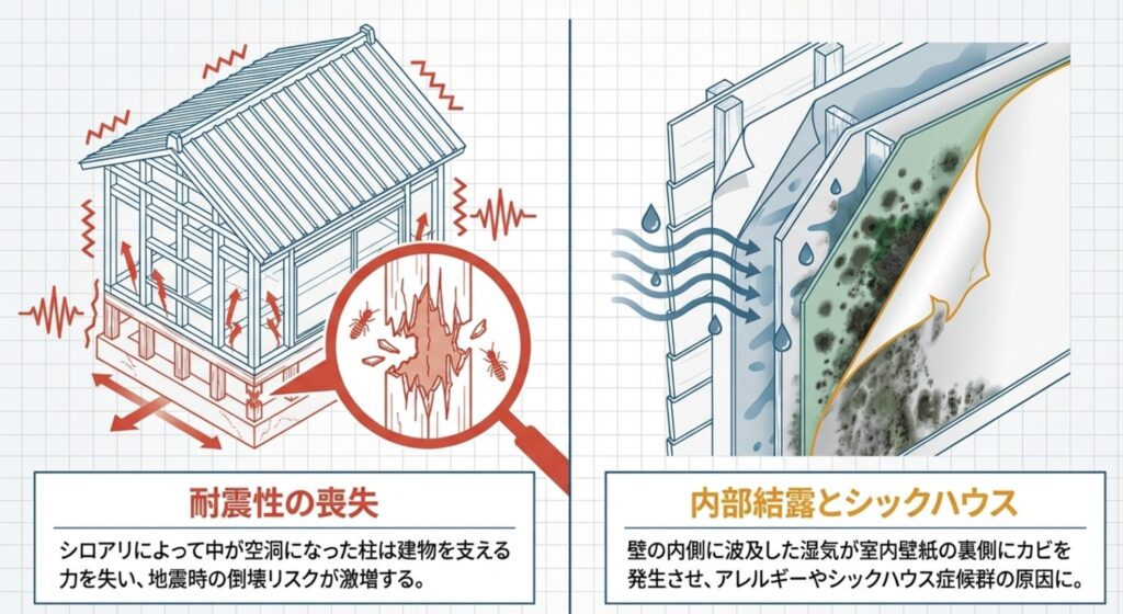 シロアリによる柱の空洞化が招く耐震性の喪失と、壁内部の湿気が原因で発生する室内カビによる健康被害のイメージ図