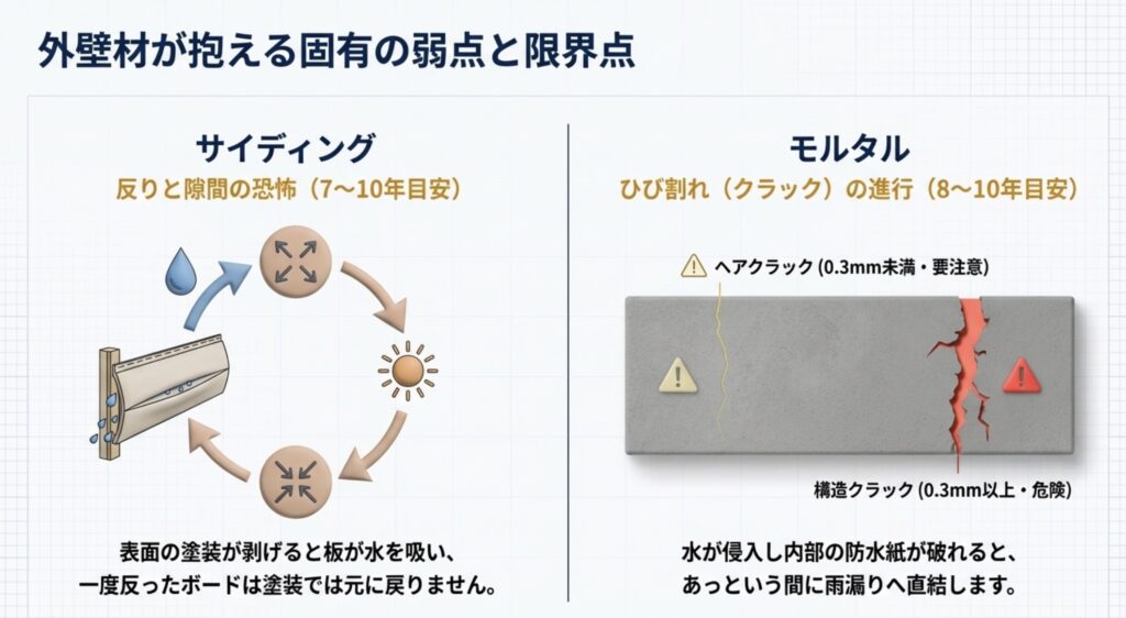 サイディングの反り・隙間（7〜10年）とモルタルのひび割れ進行（8〜10年）のメカニズムを解説する図解