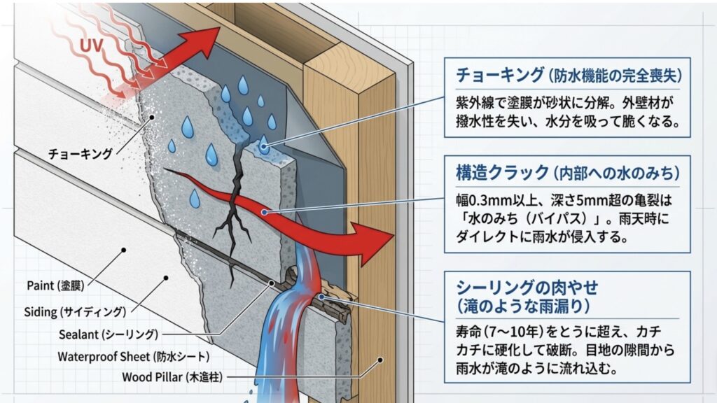 チョーキングによる防水機能の喪失、幅0.3mm以上の構造クラック、寿命を過ぎて硬化したシーリングの解説スライド