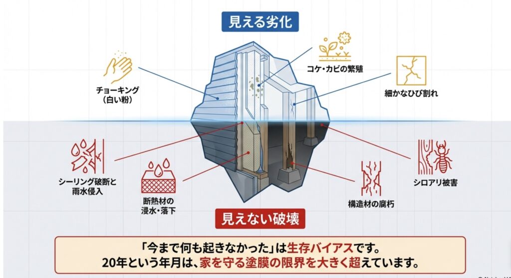 表面のコケやひび割れといった「見える劣化」と、内部の構造材腐朽やシロアリ被害などの「見えない破壊」を氷山に例えて比較した図