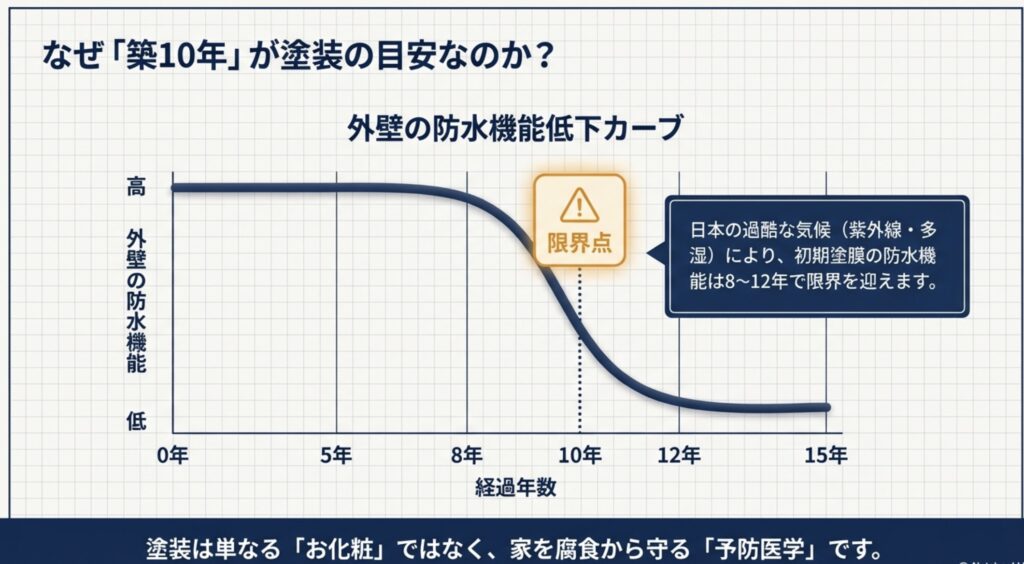 外壁の防水機能が経過年数とともに低下するグラフ。8〜12年で防水機能が限界を迎えることを示す曲線図