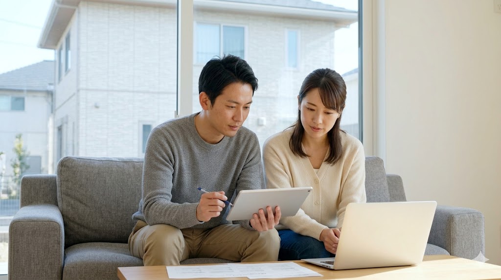 タウンライフリフォームなどの一括見積もりサービスを利用し、複数の業者から届いた積水ハウスの外壁塗装の見積もりやプラン提案を、タブレットとパソコンを使って真剣に比較する日本人の30代夫婦。窓の外には積水ハウス風の住宅が見える。