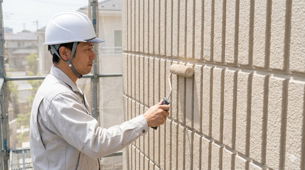 積水ハウスのダインコンクリート特有の、凹凸が深く複雑な模様を持つ外壁パネルを、ローラーを使って丁寧に塗装する日本人の塗装職人。
