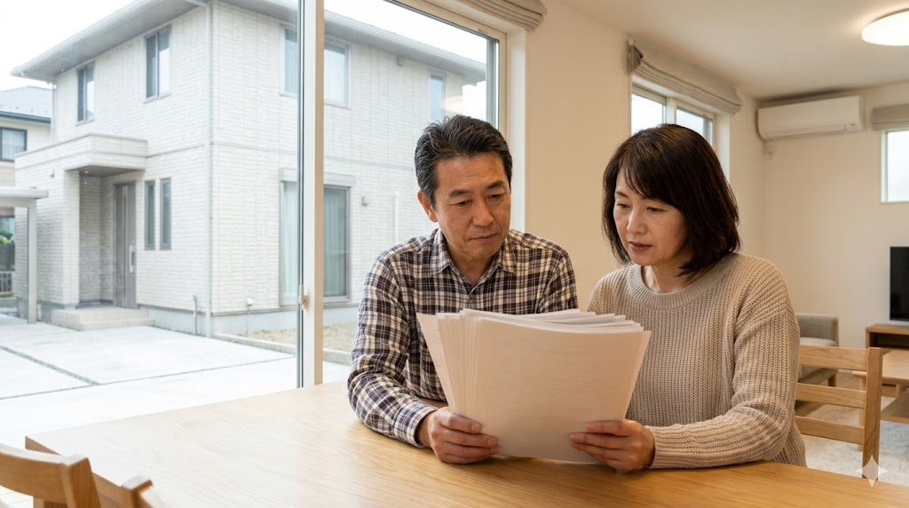 自宅のリビングで、ハウスメーカーからの外壁塗装の見積もりと思われる書類を真剣な表情で確認する日本人の50代夫婦。窓の外には積水ハウス風の住宅の外壁が見える。