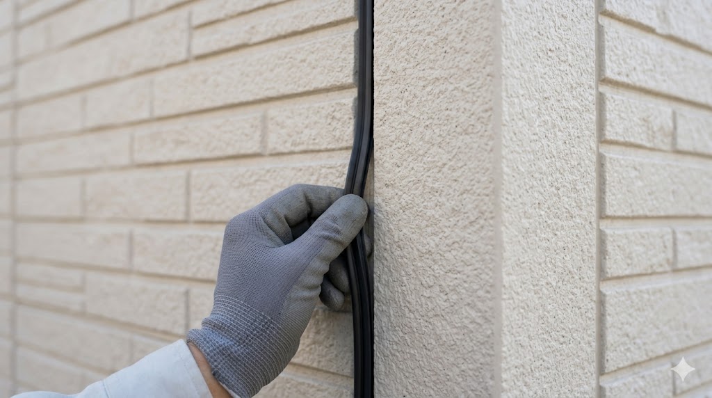 積水ハウスの住宅外壁において、パネル同士の継ぎ目（目地）にはめ込まれている黒色のゴム状防水材「ガスケット」を、作業員が指先で丁寧に押し込み、補修または交換している様子。