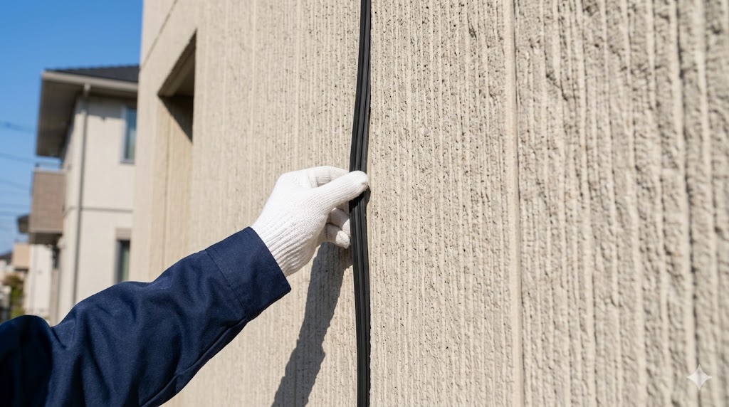 積水ハウスの住宅外壁において、地方自治体の補助金を活用して高耐久塗料による塗装と、目地のゴム状防水材「ガスケット」の補修工事を同時に行っている様子。作業員がガスケットを丁寧に押し込んでいる。