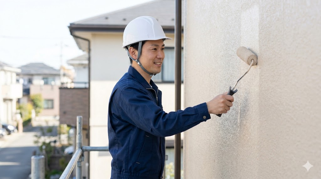 ハウスメーカーの中間マージンをカットした「完全自社施工」の塗装専門店で、高い技術を持つ日本人の職人が、笑顔で丁寧に外壁塗装を行う様子