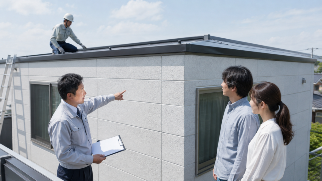 日本人夫婦がALC施工経験を持つ専門業者から外壁と陸屋根の説明を受ける様子