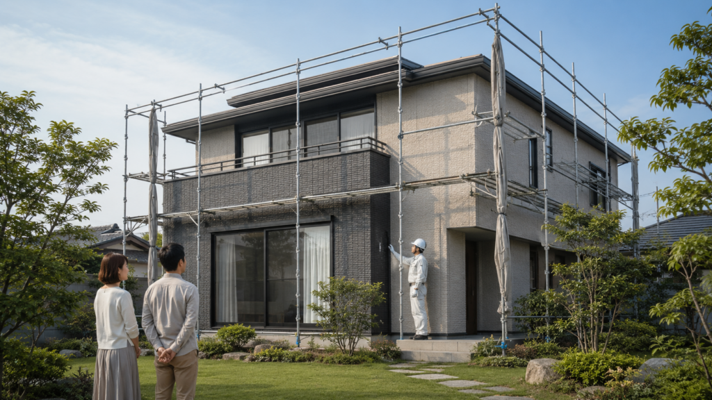 足場を設置したALC住宅を日本人夫婦と外壁塗装の専門家が確認する様子