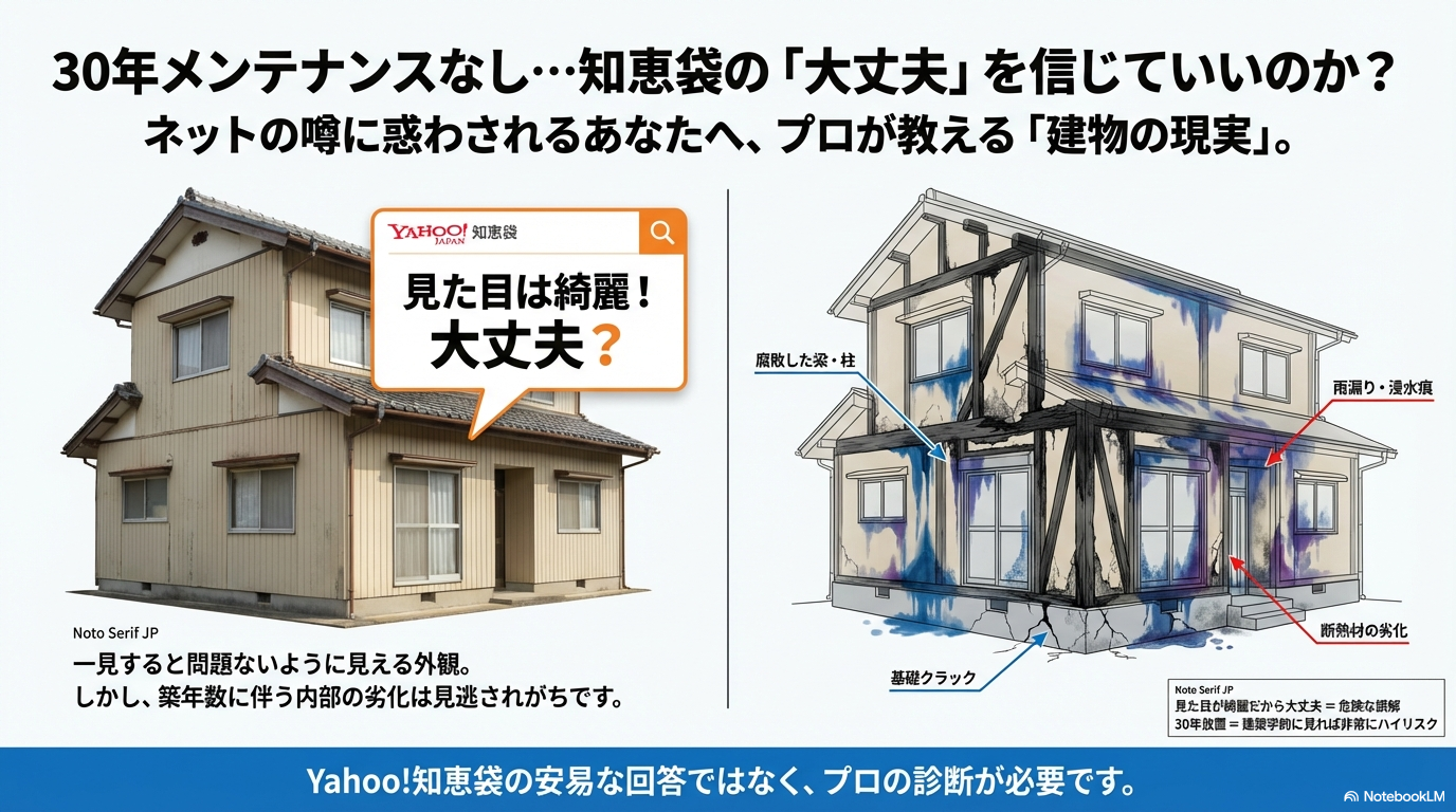 築30年で外壁塗装をしていない住宅の外観と、壁内部で進行する腐食や雨漏りのリスクを対比させたイラスト