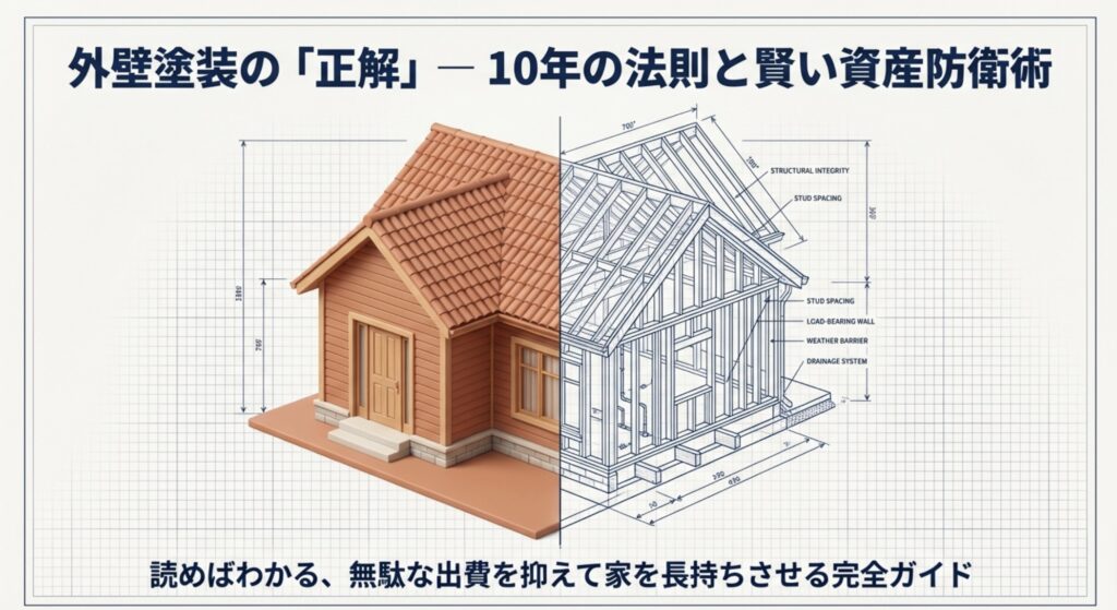 外壁塗装の適切なタイミングと資産価値維持を解説するアイキャッチ画像。10年の法則と賢い防衛術のタイトル入り。