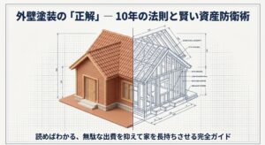 外壁塗装の適切なタイミングと資産価値維持を解説するアイキャッチ画像。10年の法則と賢い防衛術のタイトル入り。
