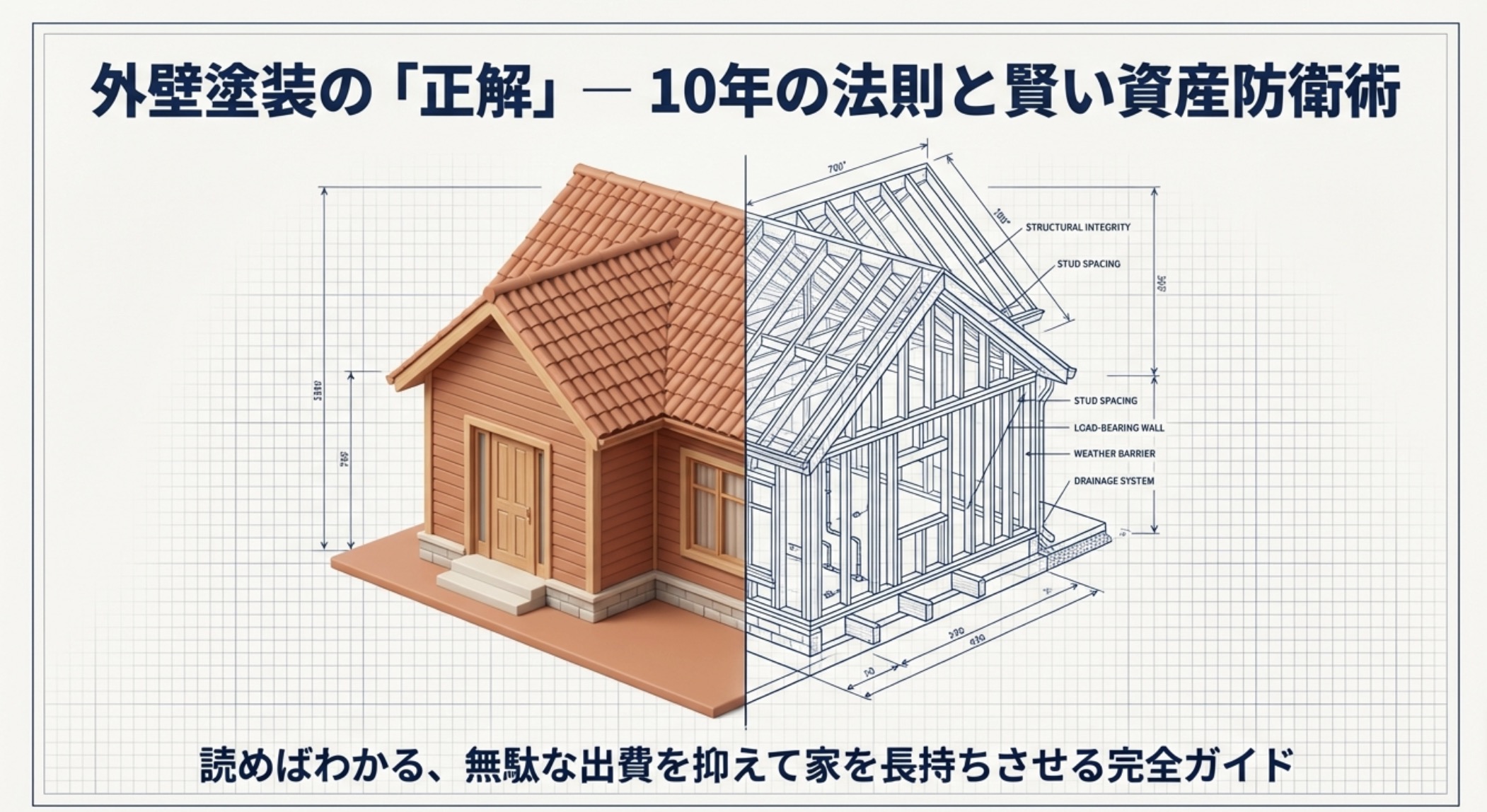 外壁塗装の適切なタイミングと資産価値維持を解説するアイキャッチ画像。10年の法則と賢い防衛術のタイトル入り。