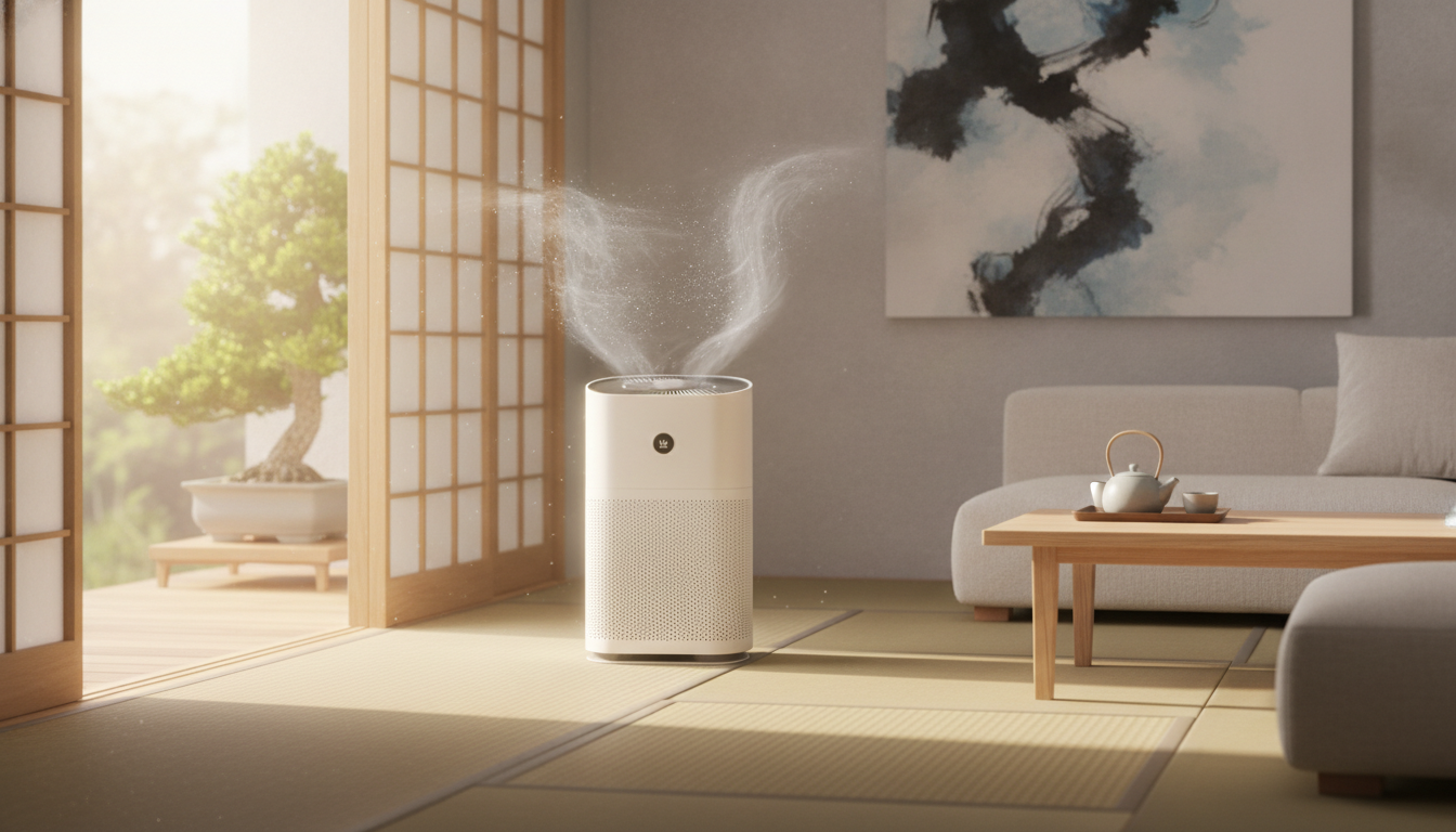 日本のリビングで稼働している空気清浄機と換気の様子
