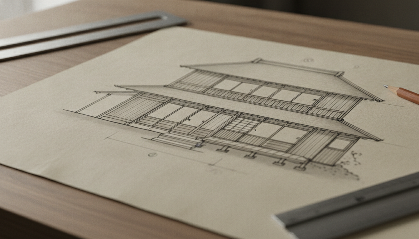 机の上に置かれた建物の外観が描かれた立面図と定規、鉛筆