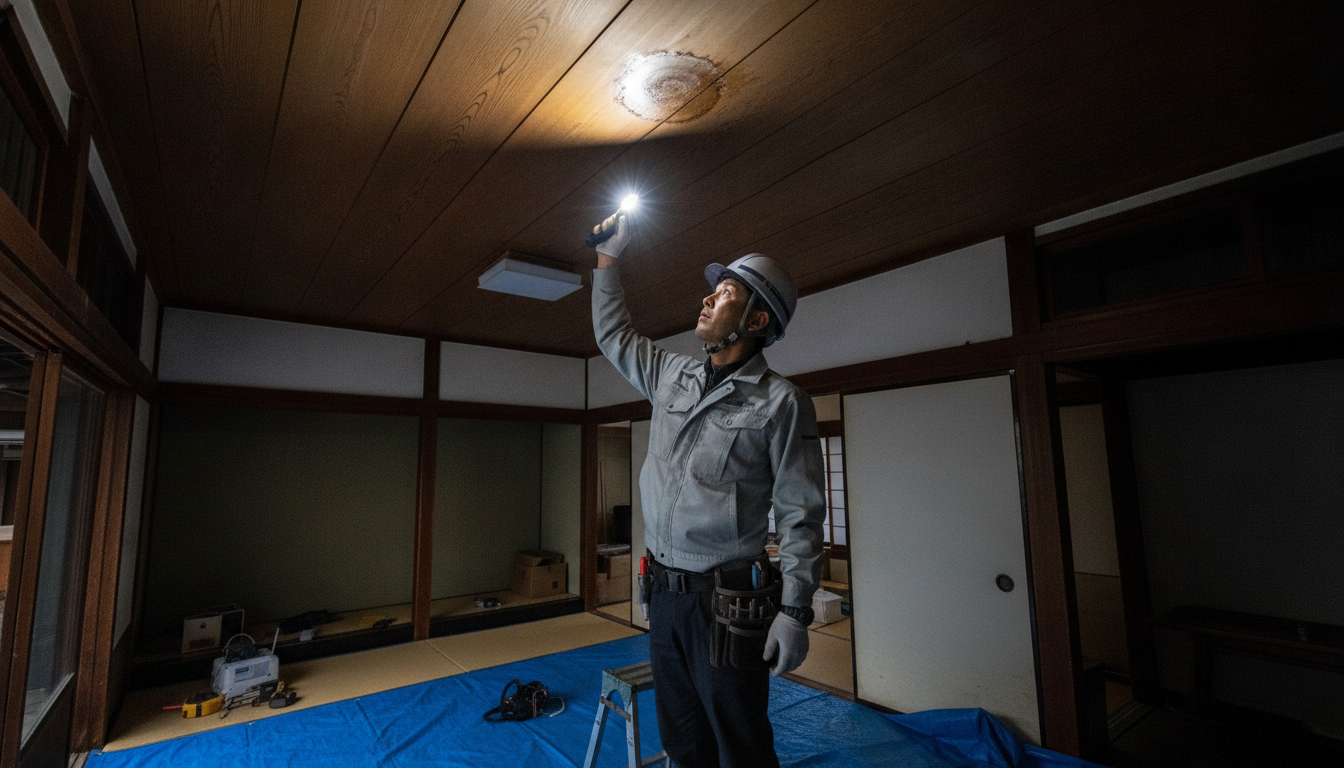 懐中電灯を使って室内の天井の雨漏りやシミを調査する業者