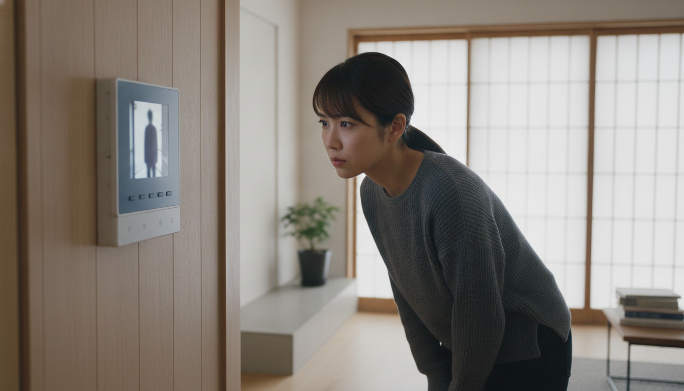 室内でインターホンのモニター画面を確認し、訪問者を警戒する日本の女性